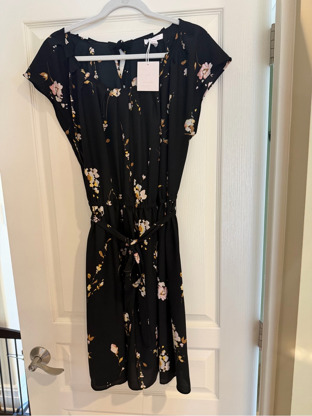 LC Lauren Conrad Black Floral Midi Dress with Tie Waist